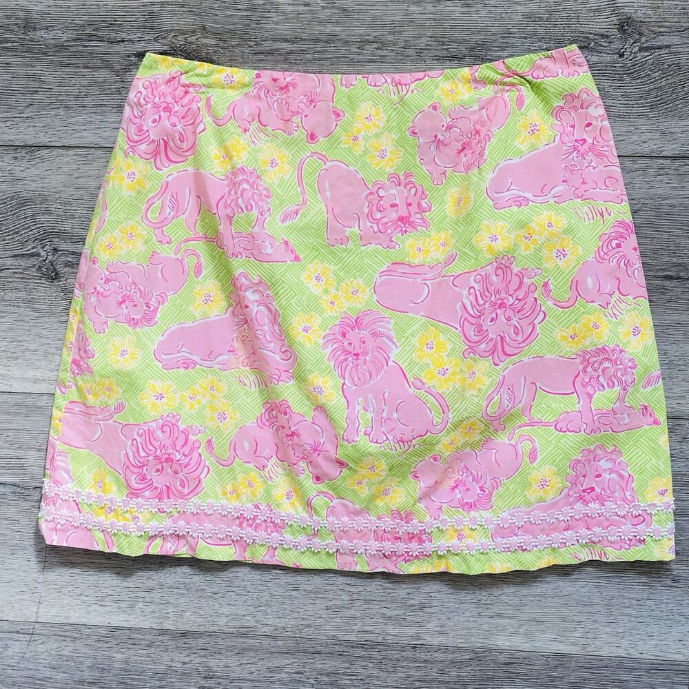 Vintage 90s Lilly Pulitzer Skirt Size 8 Lounging Lions green pink Daisy Ribbon
